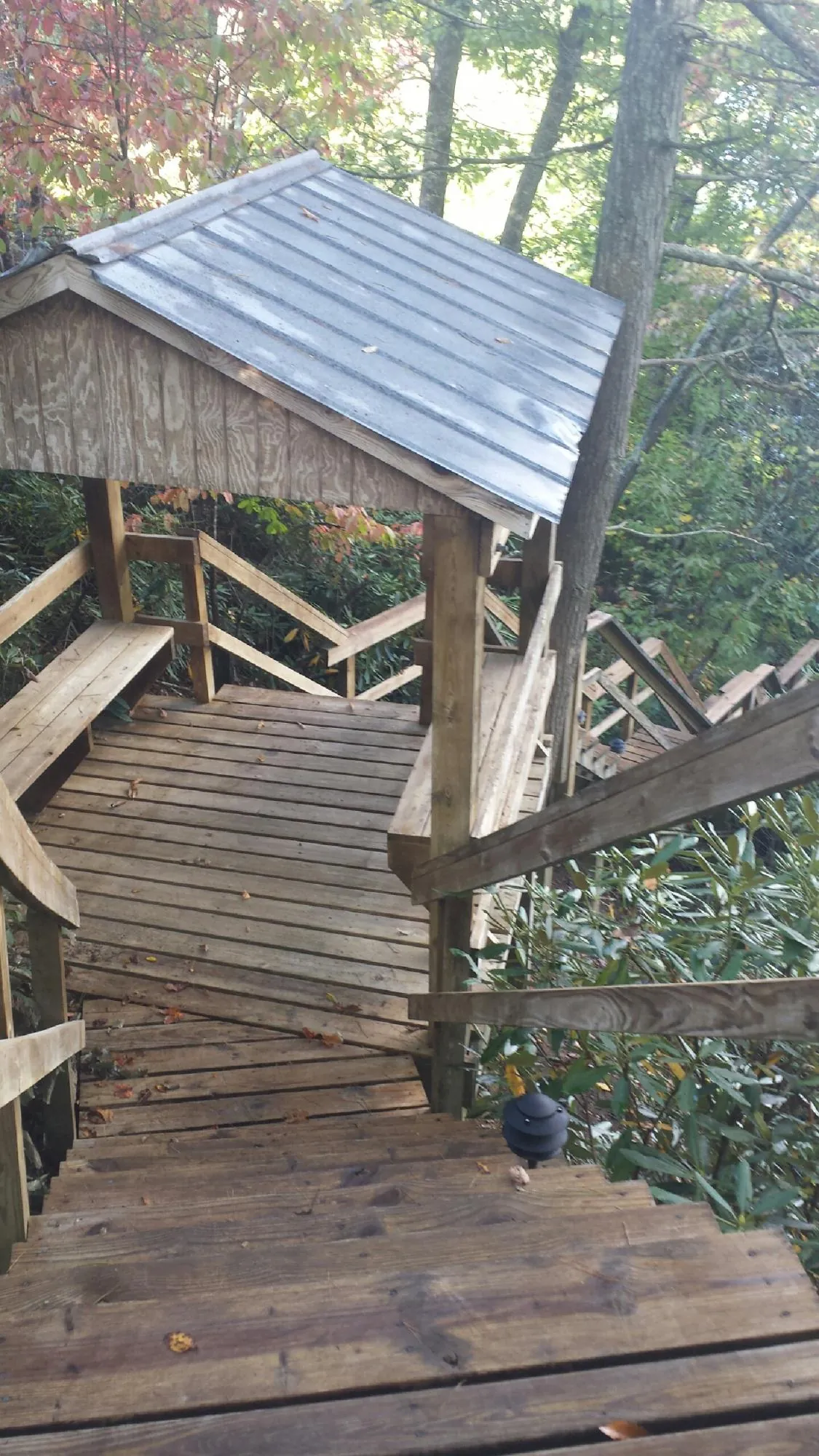 Metal roofed shelter over wooden steps on a wooded walkway — Skylight Repair & Installation work by our crew in Forest Park